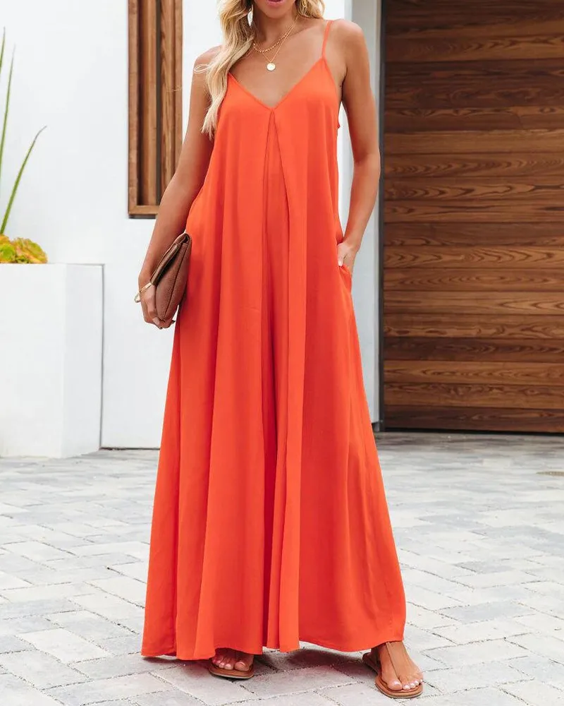 

European and American Sexy Strap 2023 Summer Fashion New Solid Pocket Casual Wide Leg Jumpsuit