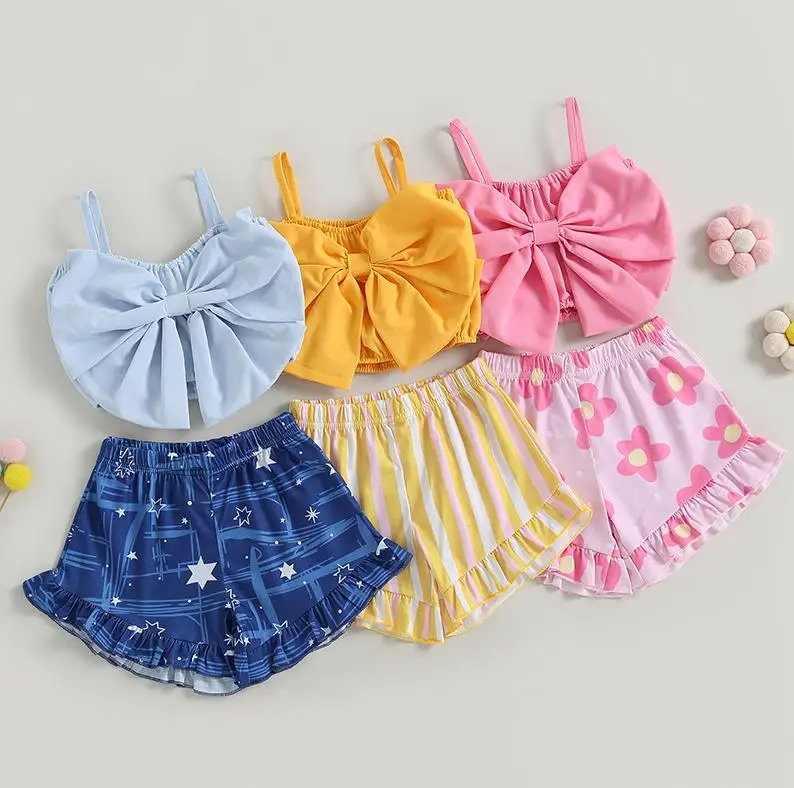 Summer Kid Girl Casual Short Pants Outfits Short Sleeve Pattern Printed Tie Knot Decor Tops Ruffles Decor Shorts Set
