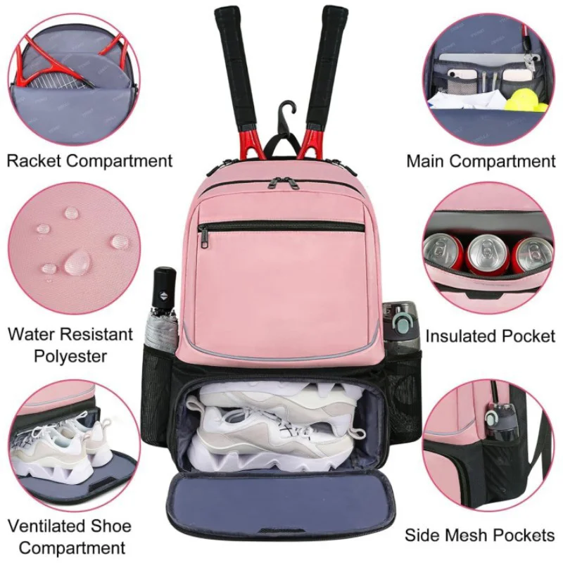 Professional Tennis Backpack Large Capacity Sports Racket Pack Holds 1-2 Tennis Rackets Outdoor Badminton Bag With Shoe Pocket 3