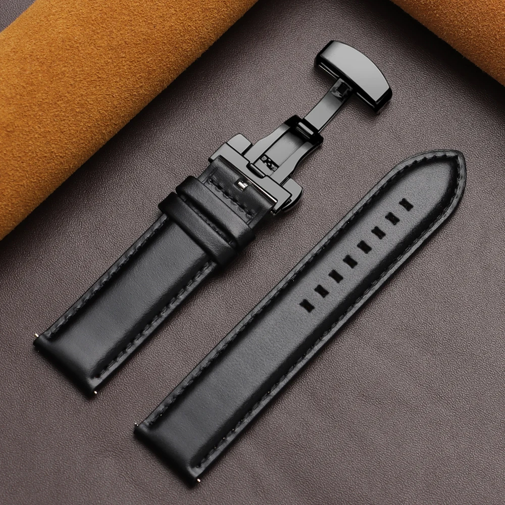 Luxurious Dark Brown Calfskin Leather Watchband with Butterfly Buckle