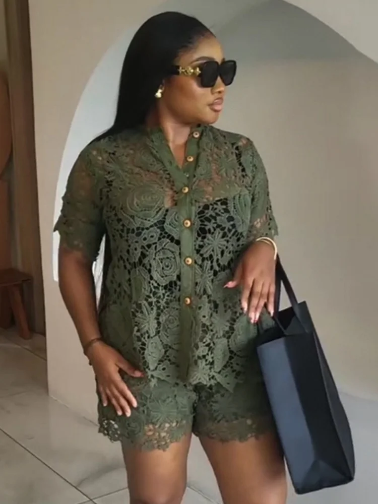 Wmstar Women 2 Piece Sets Wholesale Summer New Sweet Fresh Lace Stand Short Sleeved Shirt High Waist Shorts Sets Matching Suit