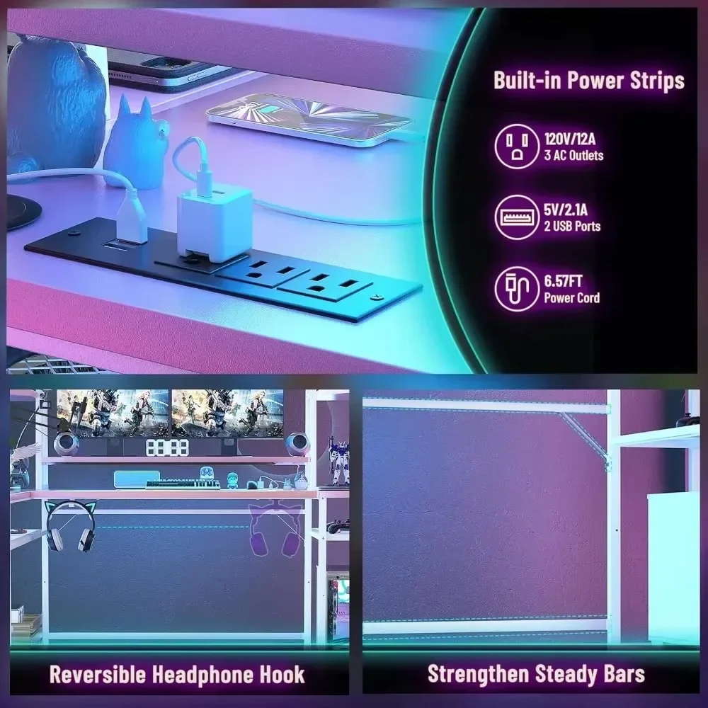 L-Shaped PC Gaming Desk with LED Lights & Power Strips with Storage with Monitor Stand & Hook  63'' Large L Shaped Gaming Desk 6