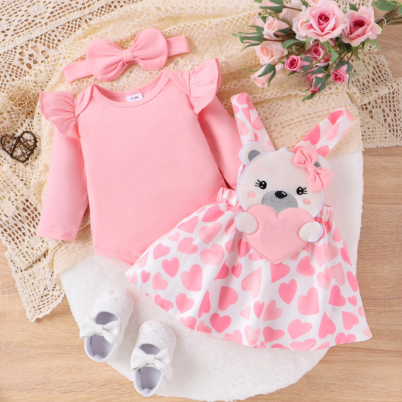 Ma & baby 발렌타인 데이 여아 옷 세트, 롬퍼, 곰 하트 프린트 스커트, 머리띠 의상, 0-18M, D05