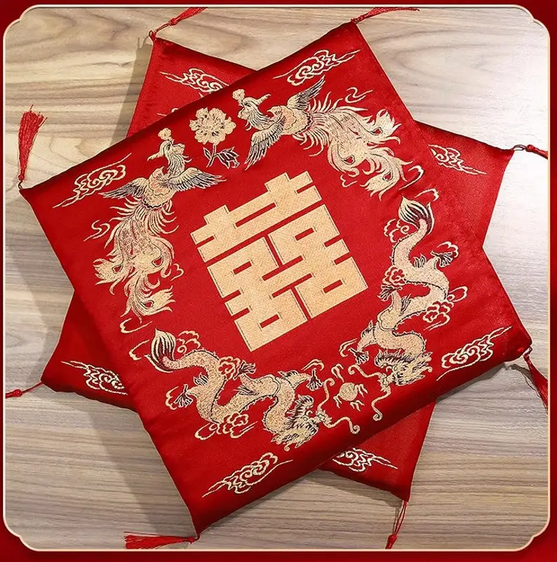 2xChinese Vietnamese Wedding Tea Ceremony Red Double Happiness Dragon Phoenix Kneeling Cushion Pad Red Double Happiness Pad 2