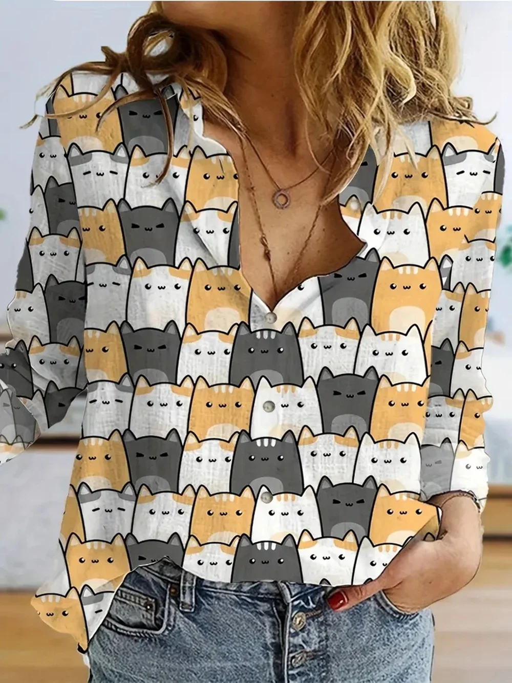 2024 Women's Shirts & blouses Cute Cat Print Button Shirt Elegant Women blouse Long-sleeved Female clothing camisa