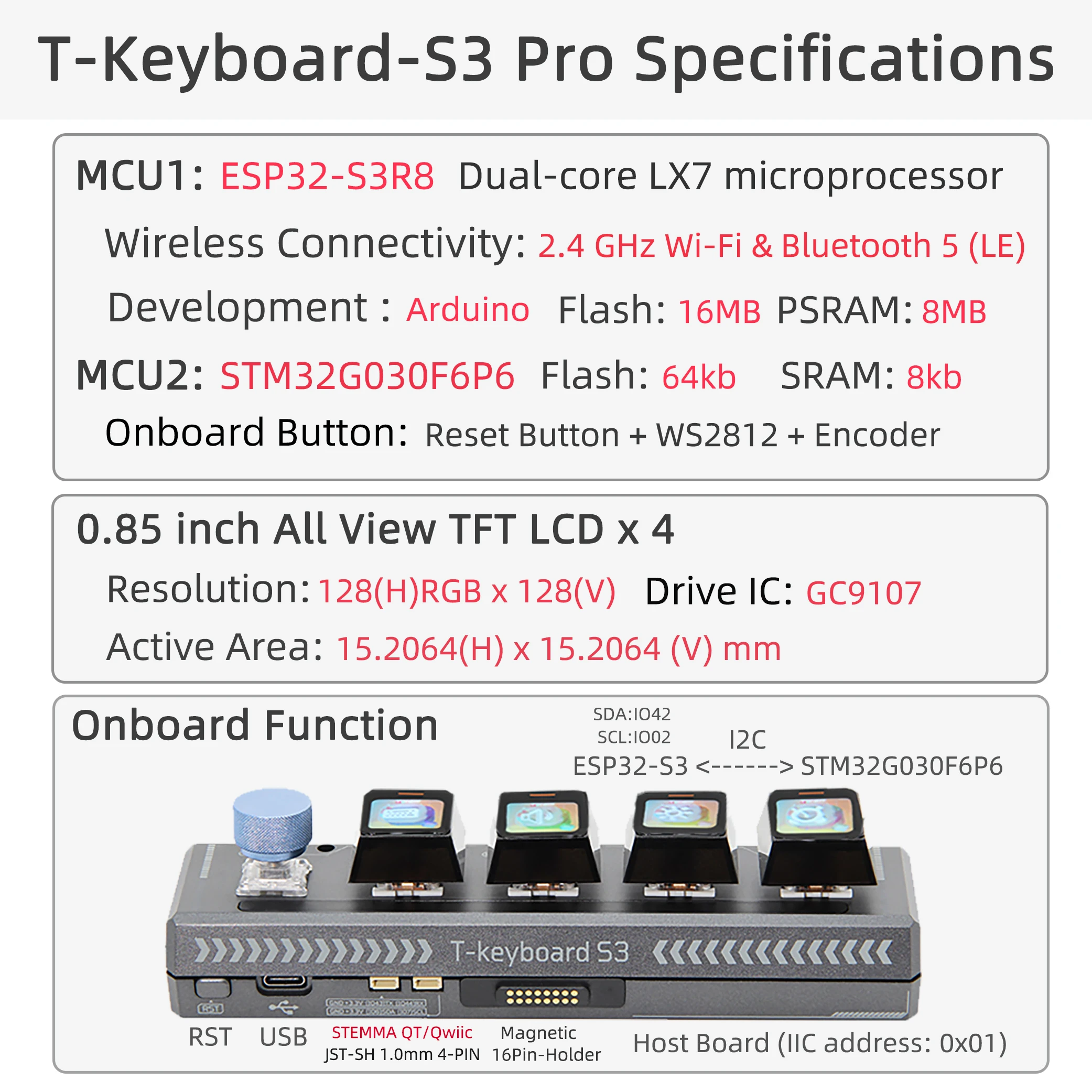 ® T-Keyboard-S3 Pro ESP32-S3 Keyboard Development Board 0.85-inch LCD Button WiF