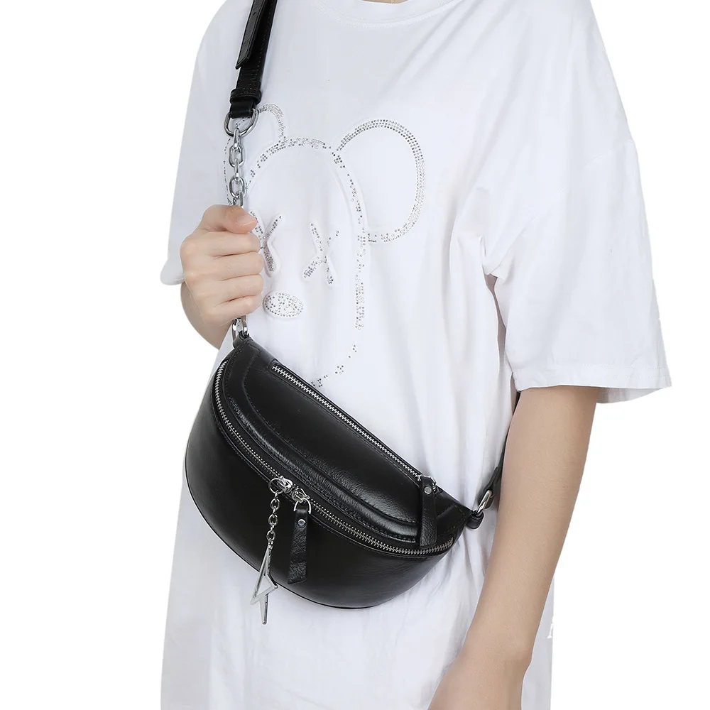 Fashion Ladies Chest Bags 100% Genuine Cow Leather Shoulder Crossbody Bag Luxury Design Chain Purse Pure Black Women's Bag