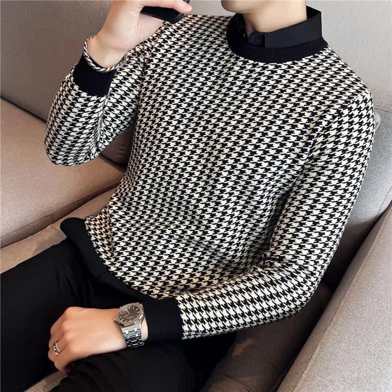 Turtleneck Sweater Basic Sweater Jacquard Sweater Brand Clothing Men Winter Thermal Knitting Sweater/Male Slim Fit Shirt Collar Fake two Piece Pullover Sweatres
