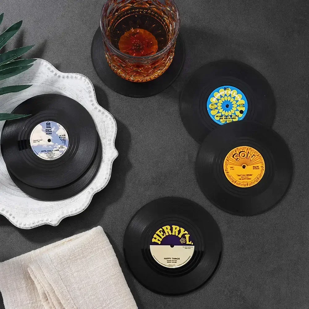 6 sottobicchieri retrò a forma di disco in vinile, con contenitore, antiscivolo, isolati