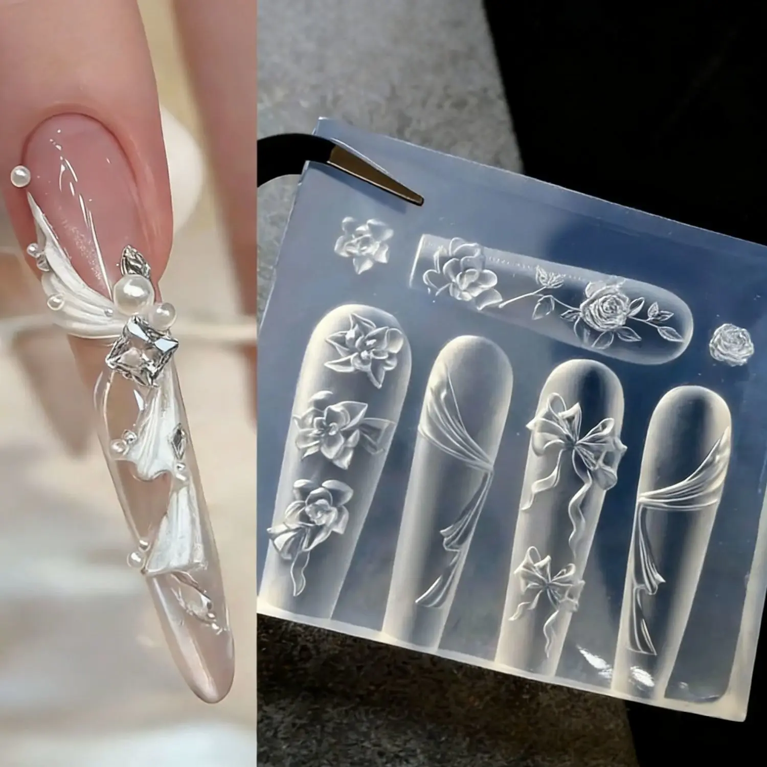 새로운 3D 실리콘 네일 아트 몰드 장미꽃 리본 날개 레트로 릴리프 패턴 디자인 DIY 네일 템플릿 매니큐어 디자인 도구