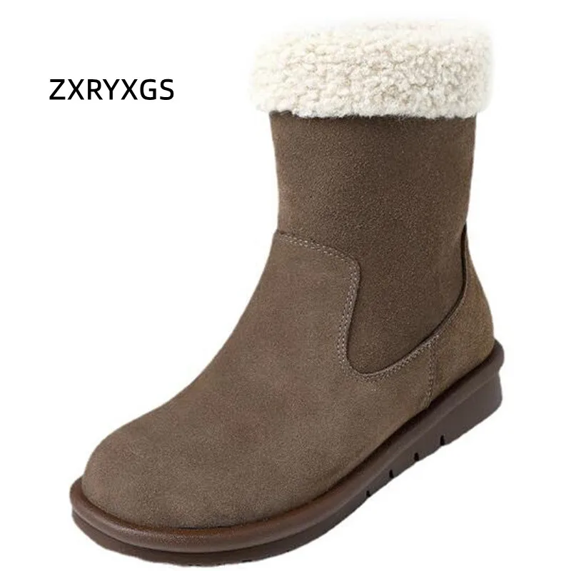 

ZXRYXGS 2023 Premium Frosted Cowhide Women Cotton Shoes Warm Snow Boots Flat Large Size Winter Leather Boots Women Fashion Boots