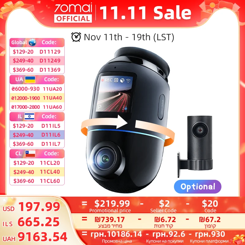 Global Version 70mai Dash Cam 4K Omni X800 360° Rotating Dual