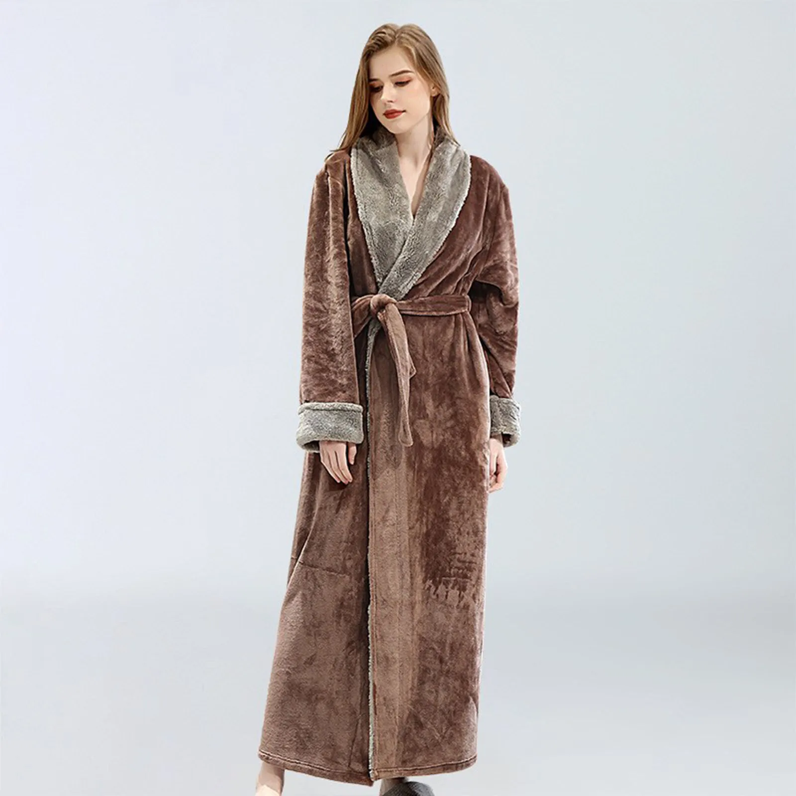 Womens New Soft Plush Bathrobe Kimono Bathrobe Fleece Robe Autumn Winter Solid Nightdress Fluffy Cute Long Coat Night Robe