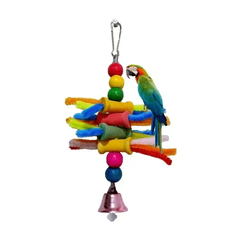 Parrot Bird Toy Chew With Hook Colorful Wooden Beads Ropes Natural Blocks for Small Medium Birds
