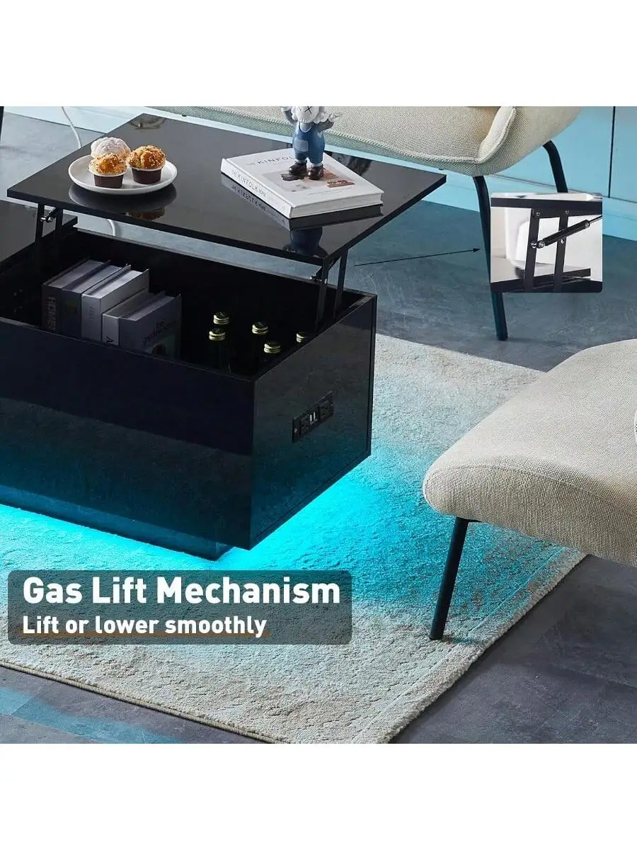TUKAILAi Coffee Table with LED Lights and Power Strip Lift Tabletop Dining Center Table for Home Living Room Office Blac 6