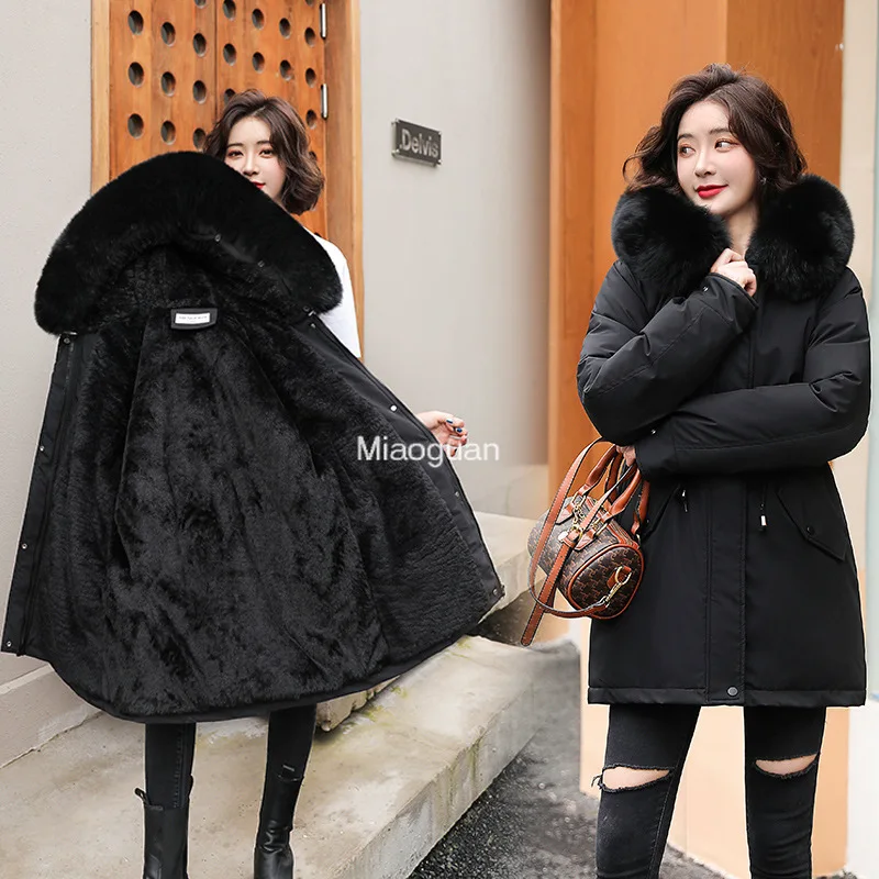 

Women Parka Fashion Long Coat Wool Liner Hooded New Winter Jacket Slim with Fur Collar Warm Snow Wear Padded Clothes Large Size