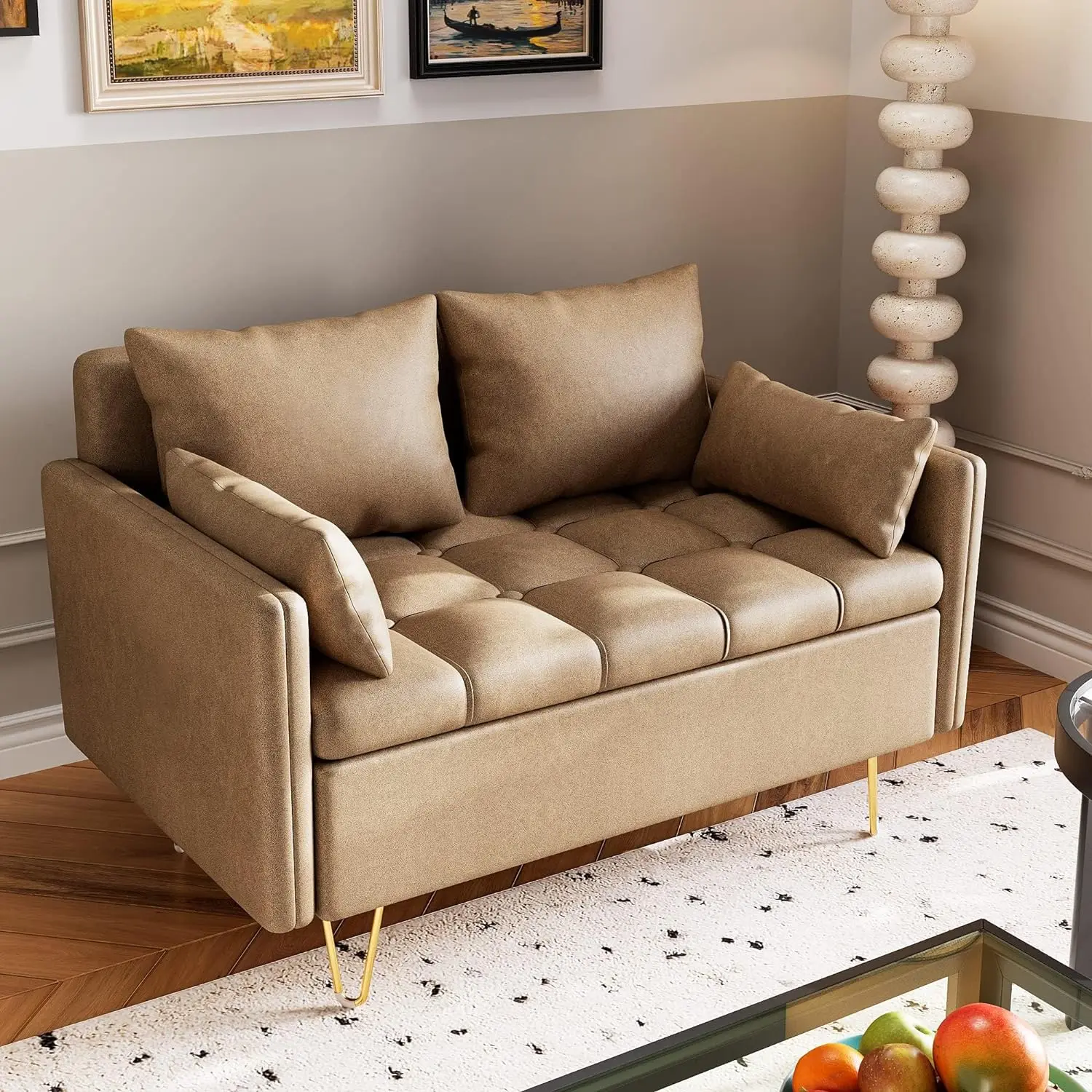 

Elegant Faux Leather Couch Sofa, 44" Elegant Loveseat with Tufted Hand Stitched Cushion,