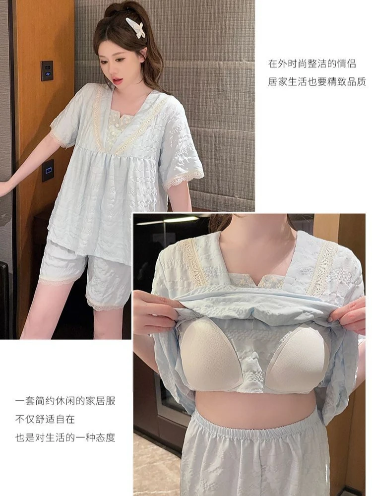M-5XL 110kg Plus Size Pajamas with Chest Pads Women Summer Short Sleeves Sleepwear Princess Style Loose Loungewear Two-Piece Set