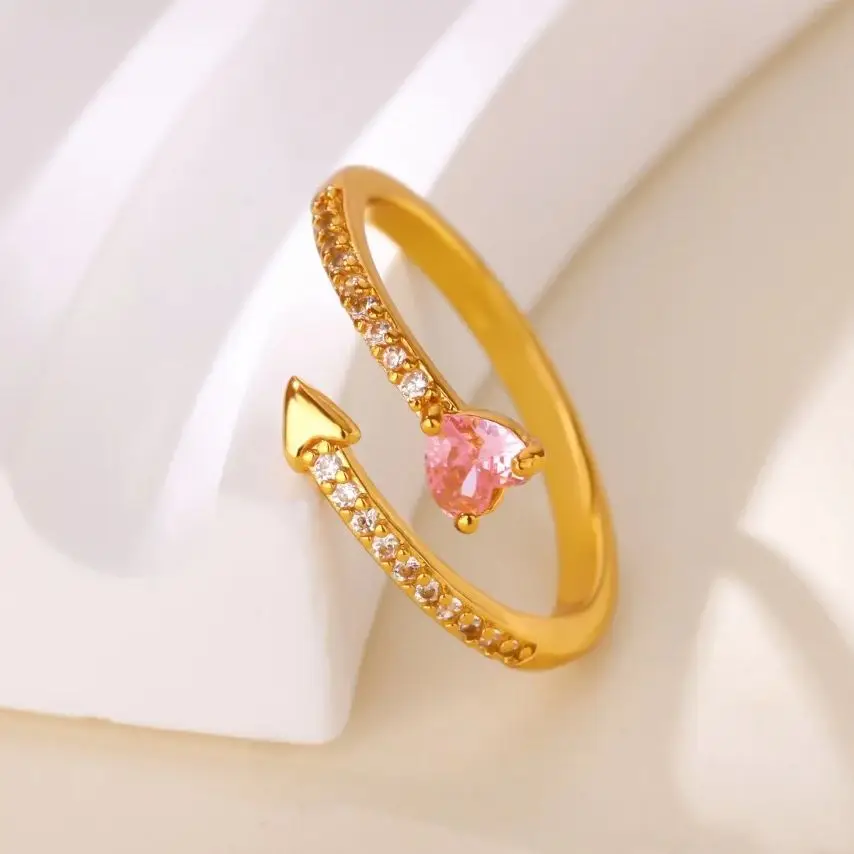 Zircon Pink Heart Rings for Women Adjustable Stainless Steel Jewelry Daily Wear