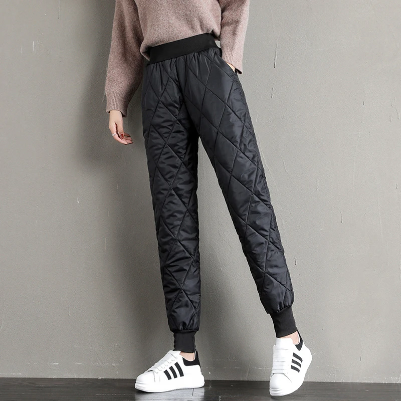 Elastic Waist Cotton Padded Down Pants For Women Solid Colors Casual Trousers  Warm Winter Thick Harem Pants Oversized Sweatpants