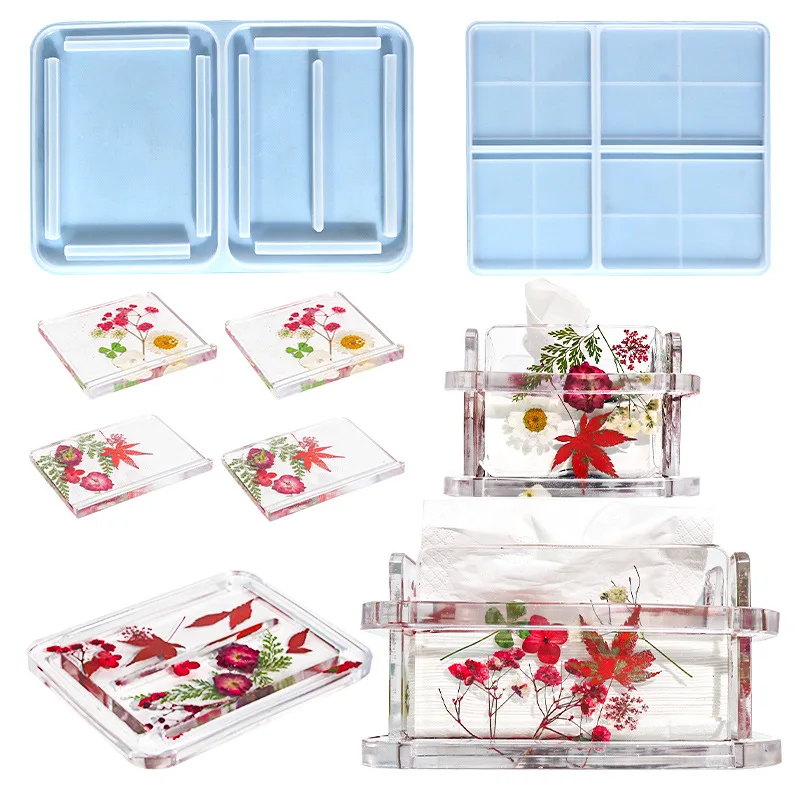

DIY Tissue Box Crystal Epoxy Resin Mold Pumping Tray Mold Hollow Pattern Storage Car Tissue Box Silicone Mold