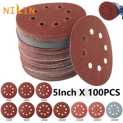 Jeu de disques abrasifs, papier de verre rond, 8 trous, 5 pouces, crochet et boucle 80 100, 125mm, 3000 pièces 