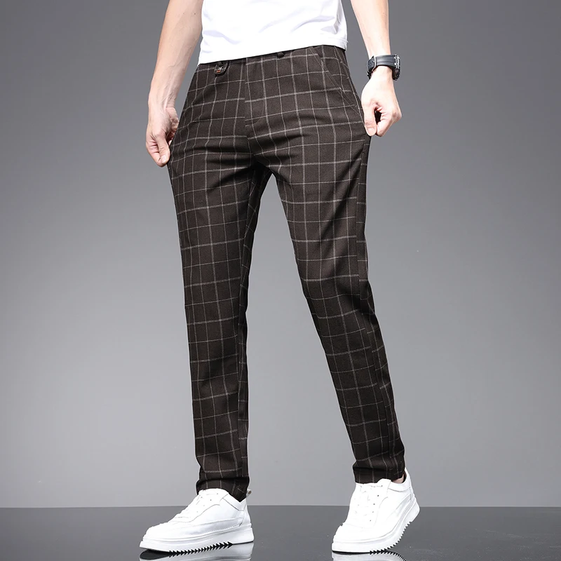 Calça reta justa masculina, britânica com elástico xadrez na cintura, calça casual de negócios, fina, café, preta, verde, verão, 2022