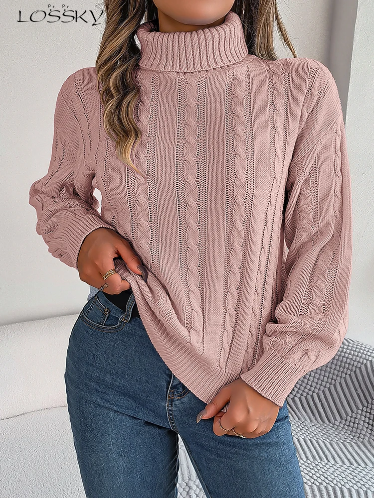 

Autumn Winter Turtleneck Women's Sweater Knitted Twist Long Sleeve Top Loose Pink Pullovers Fashion New In Knitwears 2023