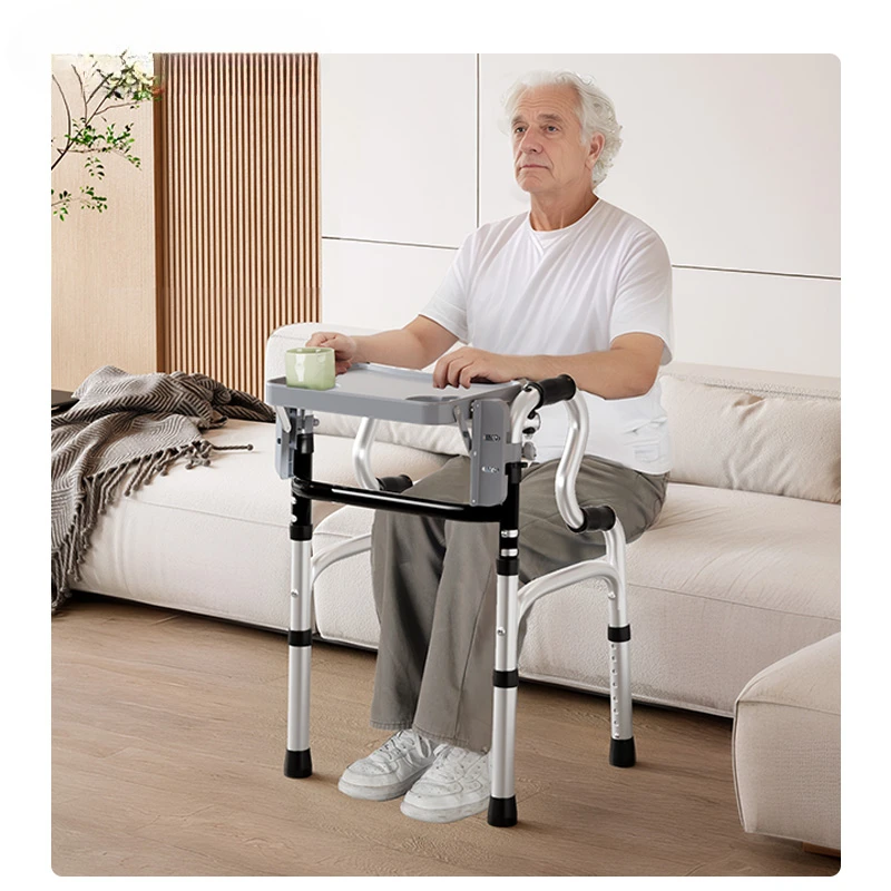 Lightweight Walkers for Elderly Aluminium Alloy Folding Walking Stick with Seat Walking Aid with Meal Plate for Hospital Family
