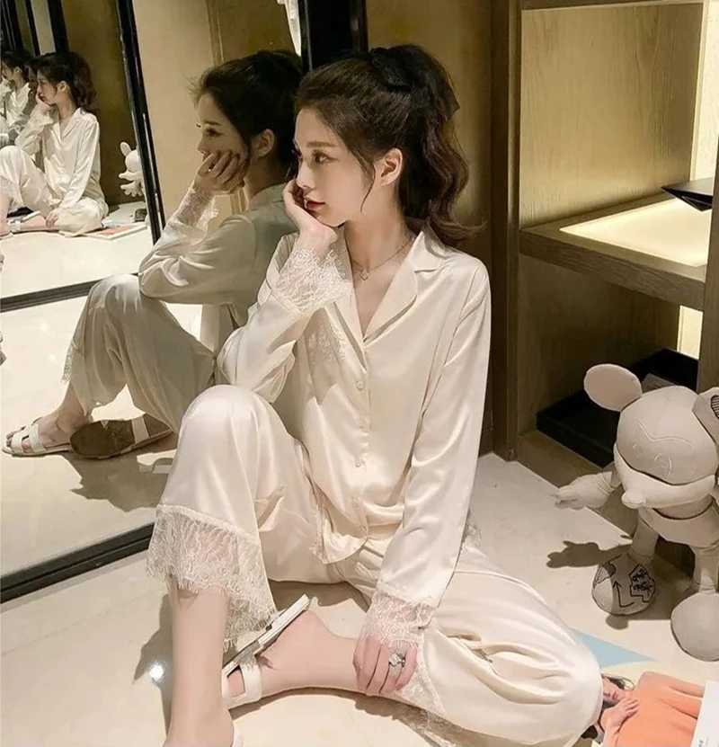 Pigiama donna camicia da notte in seta primavera autunno pantaloni a maniche lunghe indumenti da notte in pizzo sexy scollo a V allentato casual semplice sottile Pama_voghion.com
