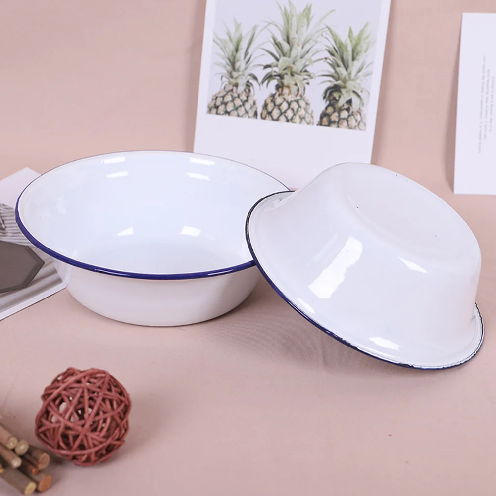 White Enamel Bowl Household Enamelware Salad Basin Cooking Utensils Retro Enameled Soup