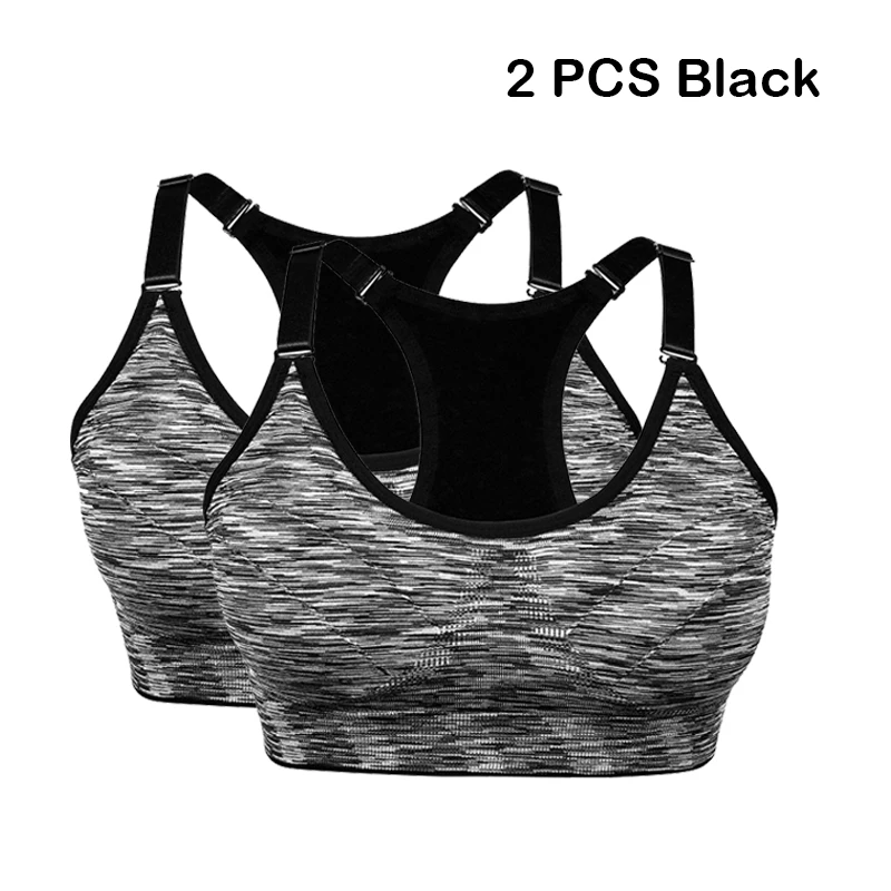 VEQKING 2Pcs Quick Dry Sports Bra,Women Padded Adjustable Shockproof Fitness Crop Top, Push Up Seamless Racer Back Yoga Running