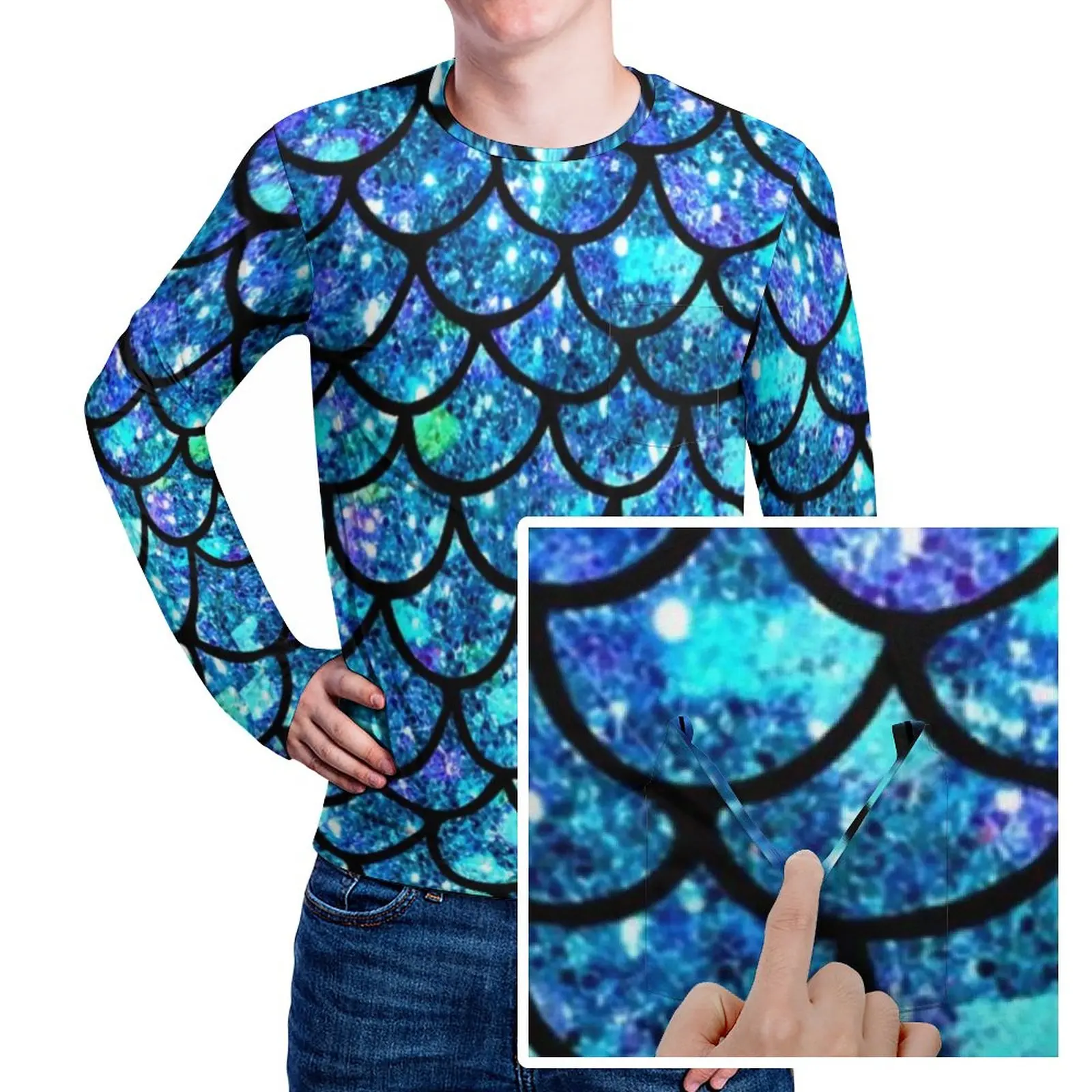 SparklyMermaidScalesTShirtPocketMagicalPrintTrendingTShirtsManStreetwearTshirtLong