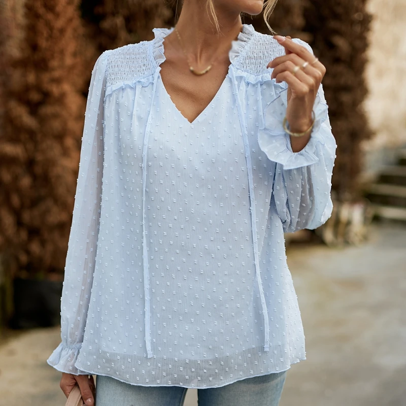 

Women's Tops Puff Sleeve Loose T Shirt Button Down Lace Stitching V Neck Ladies Long sleeve Temperament Tees
