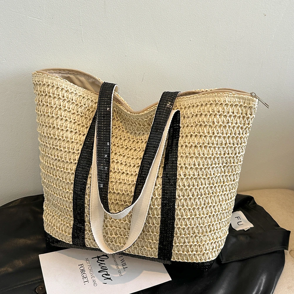 Women Boho Shoulder Bag Large Capacity Sequins Weaving Travel Bag Contrast Color Minimalist Tote Bag Ladies Summer Daily Bag