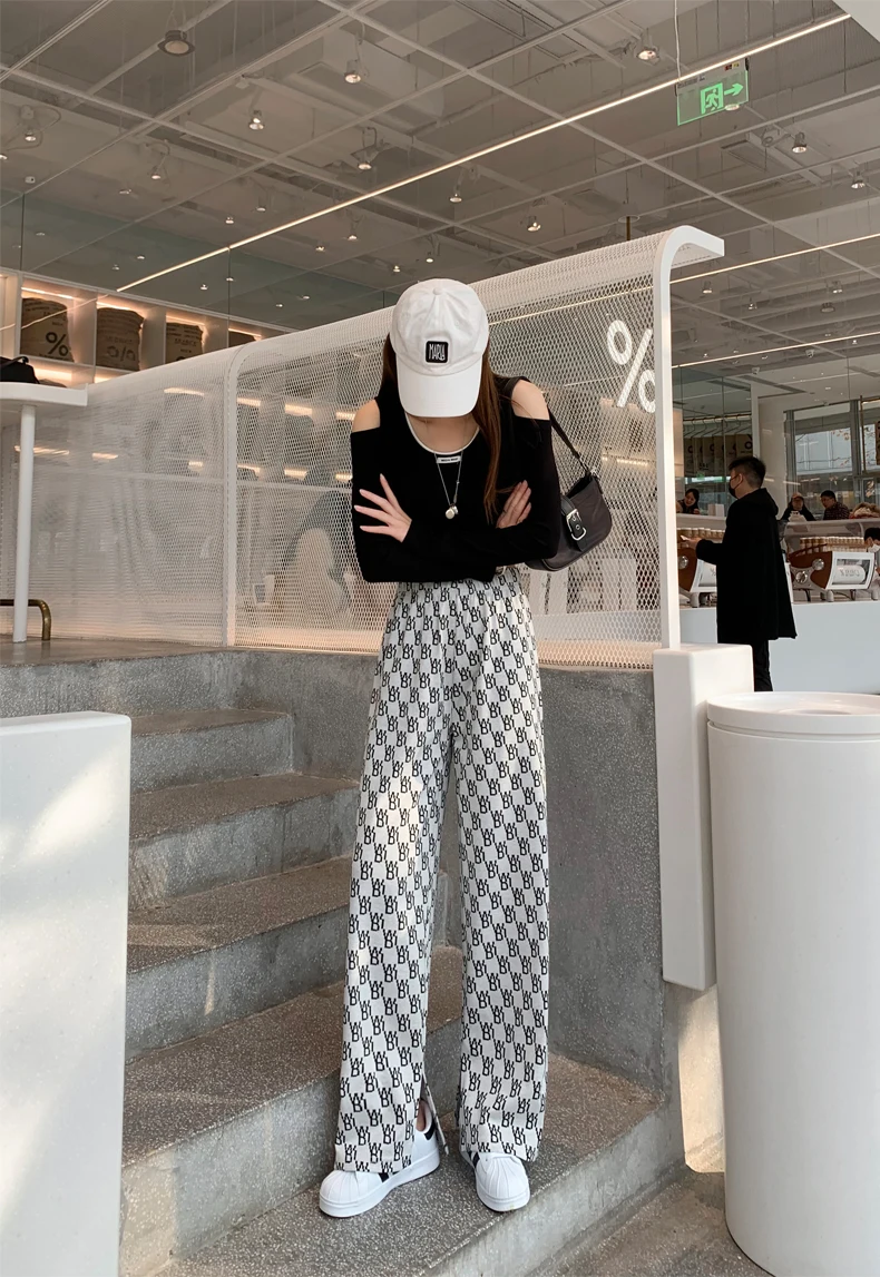 plaid pants elastic knitted Pants Fashion Women Casual Loose Wide Leg Trousers Retro Straight Trousers Hip-hop Unisex Streetwear plus size clothing