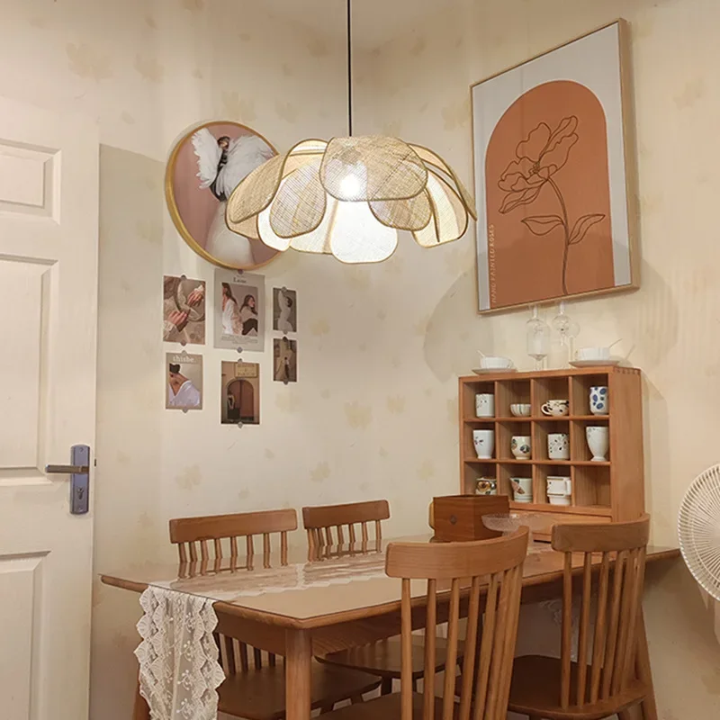 Japanese Style Rattan Penant Lamp Weaving Petal Willow LED Chandelier Bedroom Tea Dining Room Island Indoor Lighting Decor 3