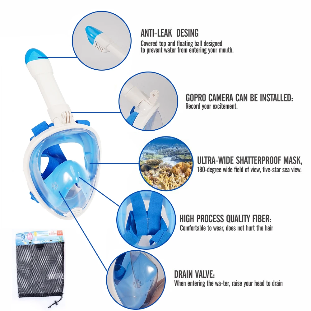 Full Face Snorkel Mask Snorkeling Swimming Diving Mask Wide View Anti-Fog Anti-Leak Safe Breathing System For Adult Kids Gift Snorkeling Diving Mask