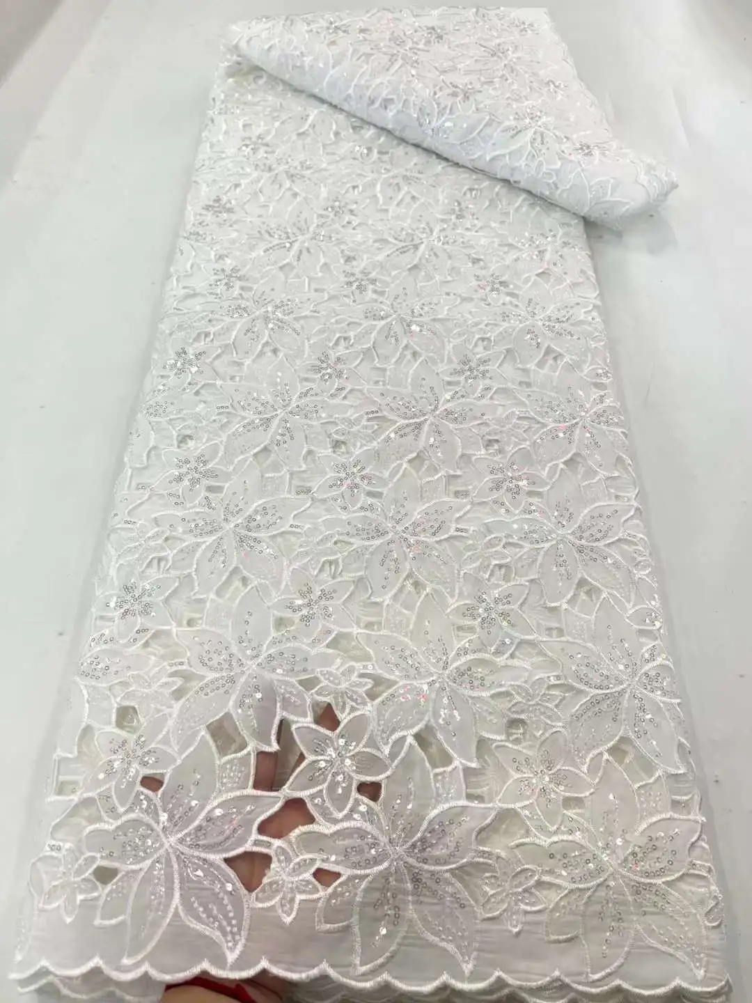 2023 High Quality White African Nigerian Chiffon Lace Fabric Embroidery French Tulle Fabric With Sequin 5 Yard For Wedding Party