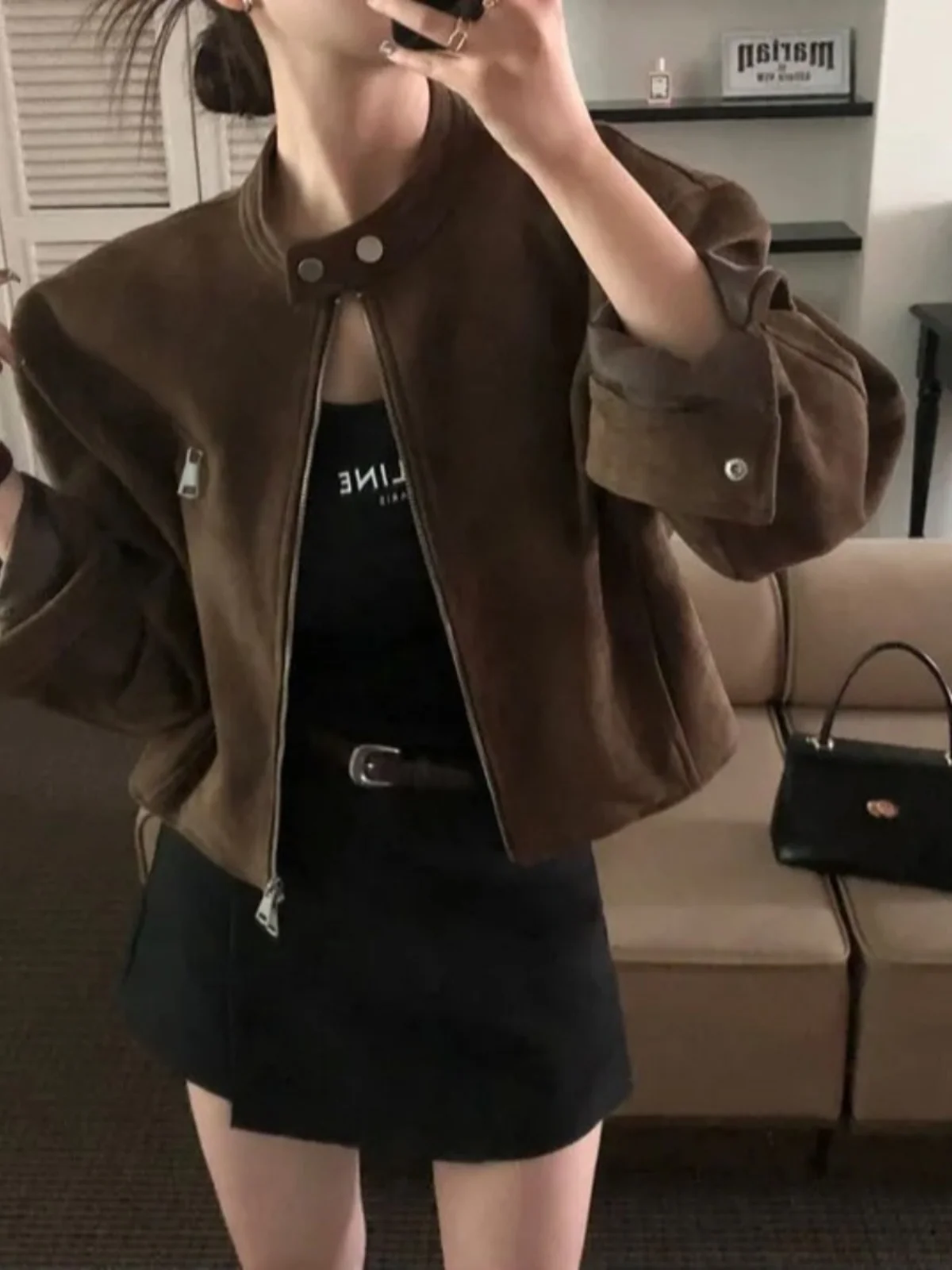 Women's Short Biker Jacket Outerwear Winter 2024 New Retro High-End Zipper Long Sleeve Top Comfortable Fit Fashionable Design - 5