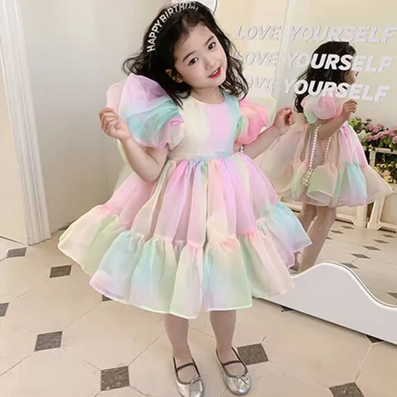 1-6Year Girls Princess Dress Baby Puff Sleeve Elegant Mesh Lace Formal Evening Ball Gown Kids Girl Birthday Prom Wedding Dress