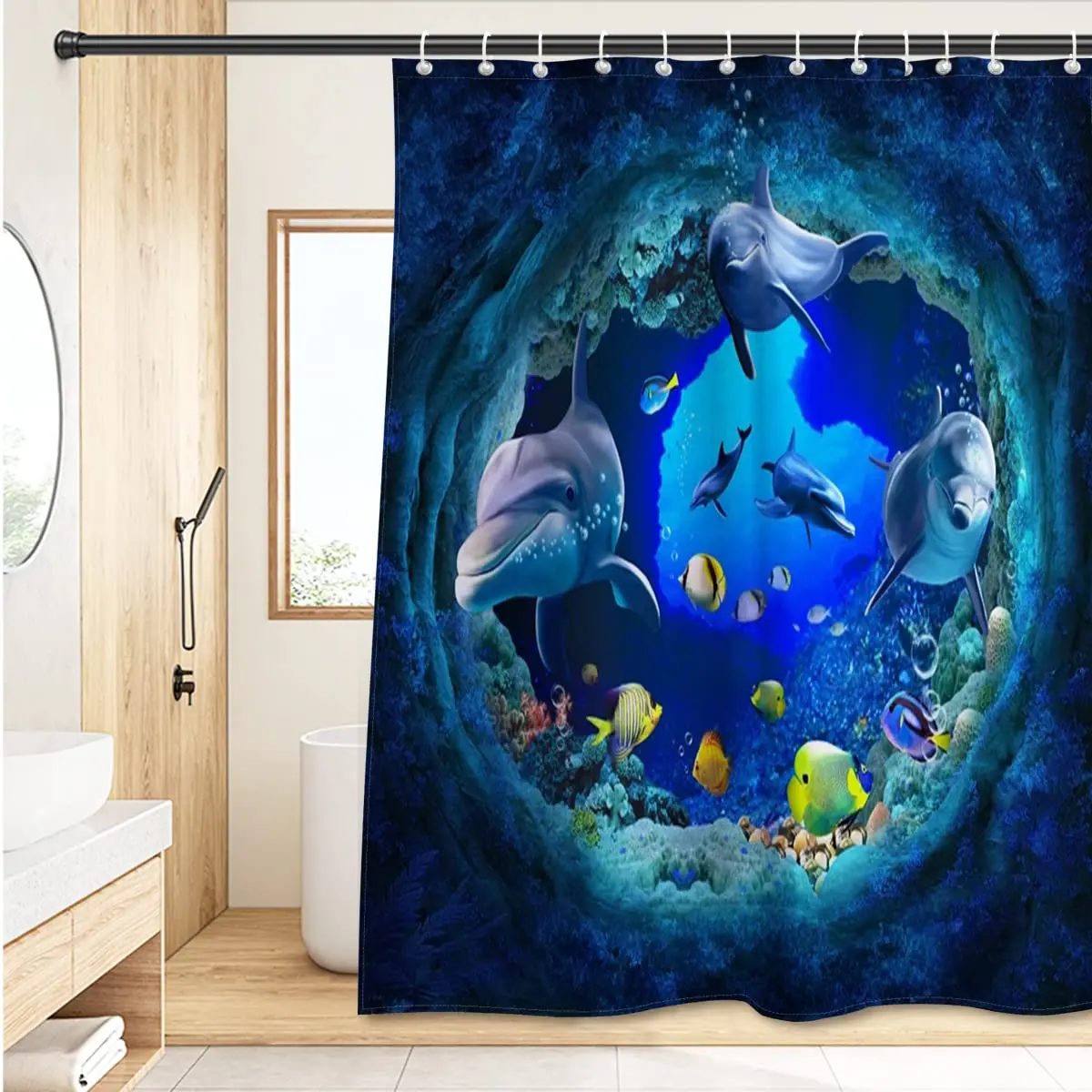 Shower Curtains Dolphin Shower Curtain, Blue Underwater World Marine Life, Polyester Fabric Kids Ocean Theme Bathroom Decor Set with 12 Hooks
