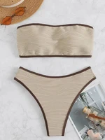 2025 Women Sexy Thong Swimsuit Push Up Swimwear Contrast Binding Bandeau Bikinis Female Bathing Suit Swimming Summer Beachwear