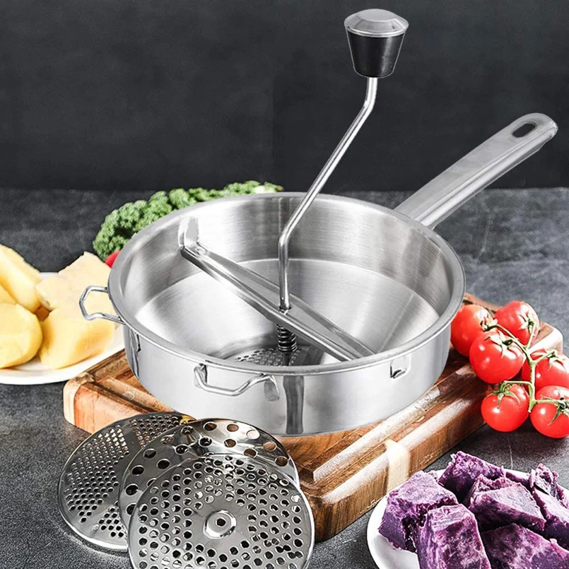Multifunctional Food Mill Stainless Steel Manual Potato Masher with 3 Discs