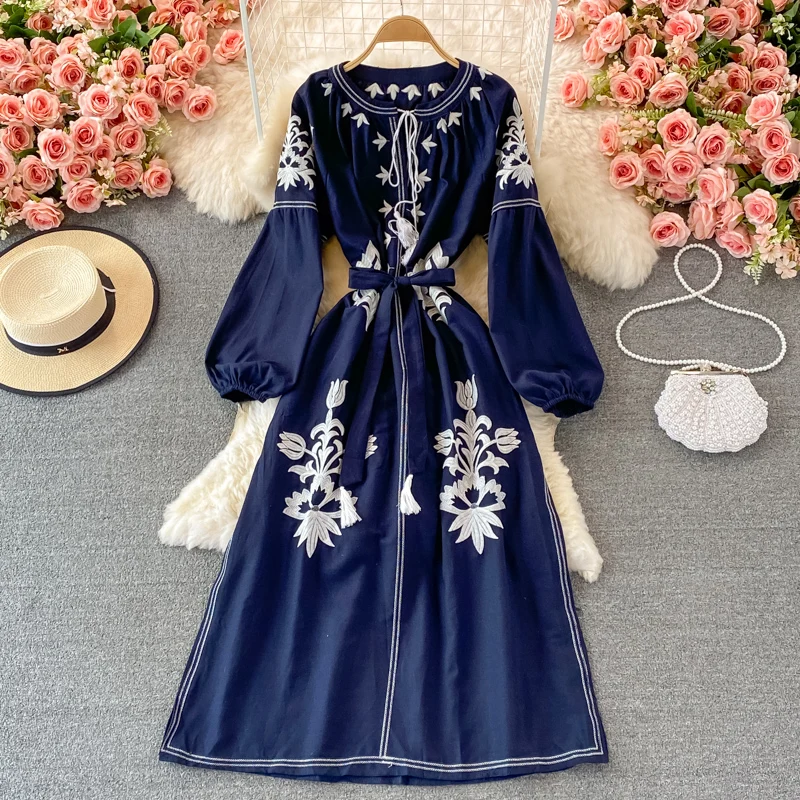 

Ethnic Style Travel Holiday Embroidery Round Neck Lantern Sleeve Long Dress Bohemian Retro Loose Swing Dress Female