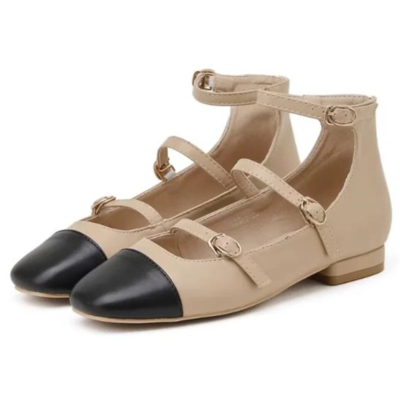 

Belts Buckle Shoes for Women Square Toes Ladies Mixed Colors Zapatos De Mujer Leather Low Heels Female Sewing Ankle Strap Femme