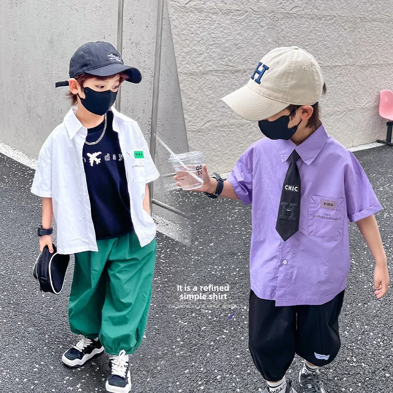 Imchildren 남아용 셔츠, 한국 버전, 파인 빗 코튼, 다목적 루즈핏 가디건, 어린이 심플한 순수 소매 탑