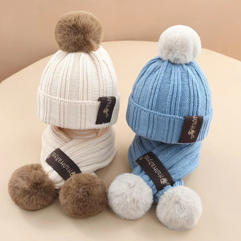 Autumn and Winter Children's Hat Scarf Set Warm Simple Woolen Cap Boys and Girls Knitted Hat Two-piece Baby