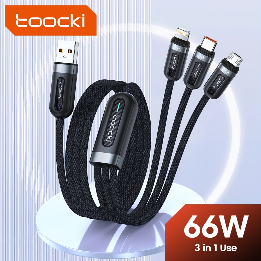 

Toocki 66W 3 in 1 USB Cable For iPhone 14 13 12 Pro Max 6A USB Micro Wire Type C Cable For Huawei Samsung Xiaomi Poco Data Cord