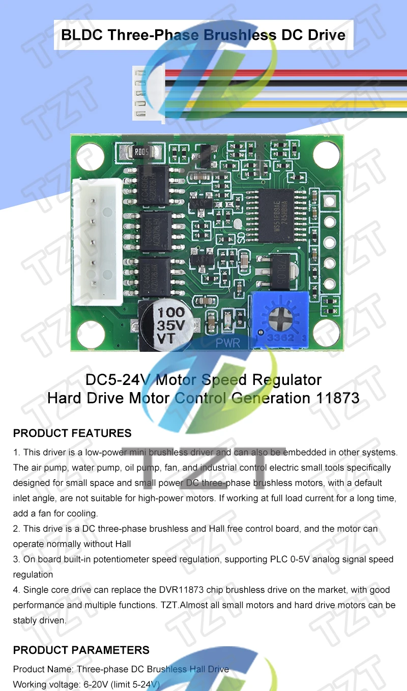 GREATZT DC 6-20V 60W 12V Bürstenloser Motor-Treiberplatine BLDC Drehzahlregler 3-Phasen-Regler Hallloser Schaltmodul mit Kabel – Detail 1